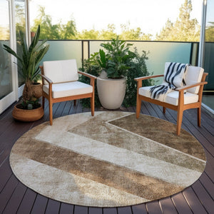 Homeroots 3' Brown And Beige Geometric Washable Indoor Outdoor Area Rug For Stylish Living Spaces & Patios 8' Round Polyester 580984
