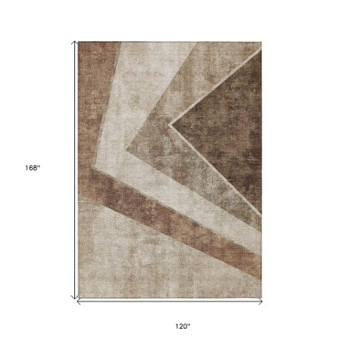 Homeroots 3' Brown And Beige Geometric Washable Indoor Outdoor Area Rug For Stylish Living Spaces & Patios 10' X 14' Polyester 580987