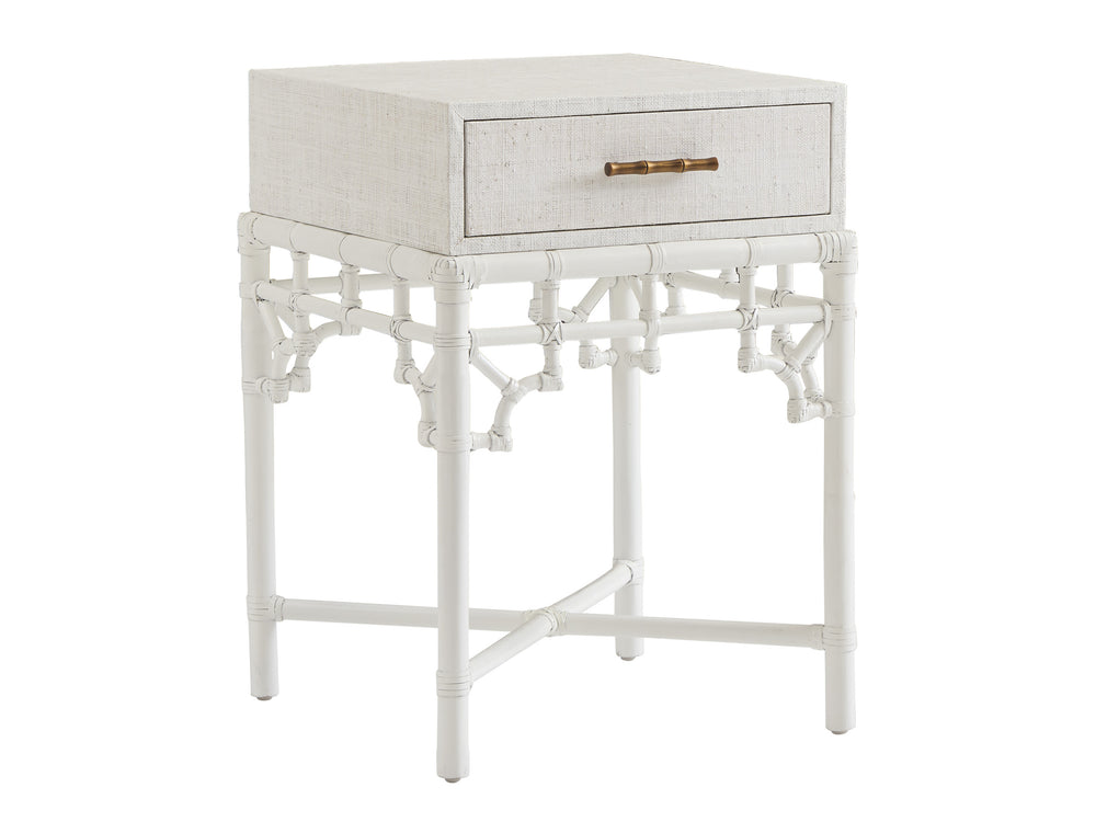 Lexington Tommy Bahama Home Arvida Coastal Night Table - Elegant Driftwood Design With Woven Raffia Drawer And Brass Accents Shell Key  580-622