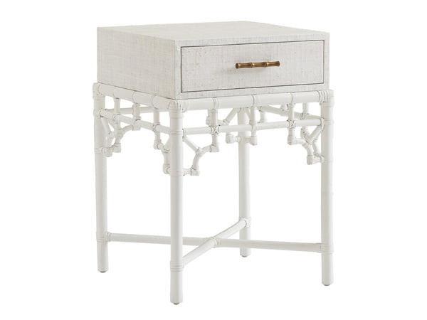 Lexington Tommy Bahama Home Arvida Coastal Night Table - Elegant Driftwood Design With Woven Raffia Drawer And Brass Accents Shell Key  580-622