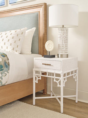 Lexington Tommy Bahama Home Arvida Coastal Night Table - Elegant Driftwood Design With Woven Raffia Drawer And Brass Accents Shell Key  580-622
