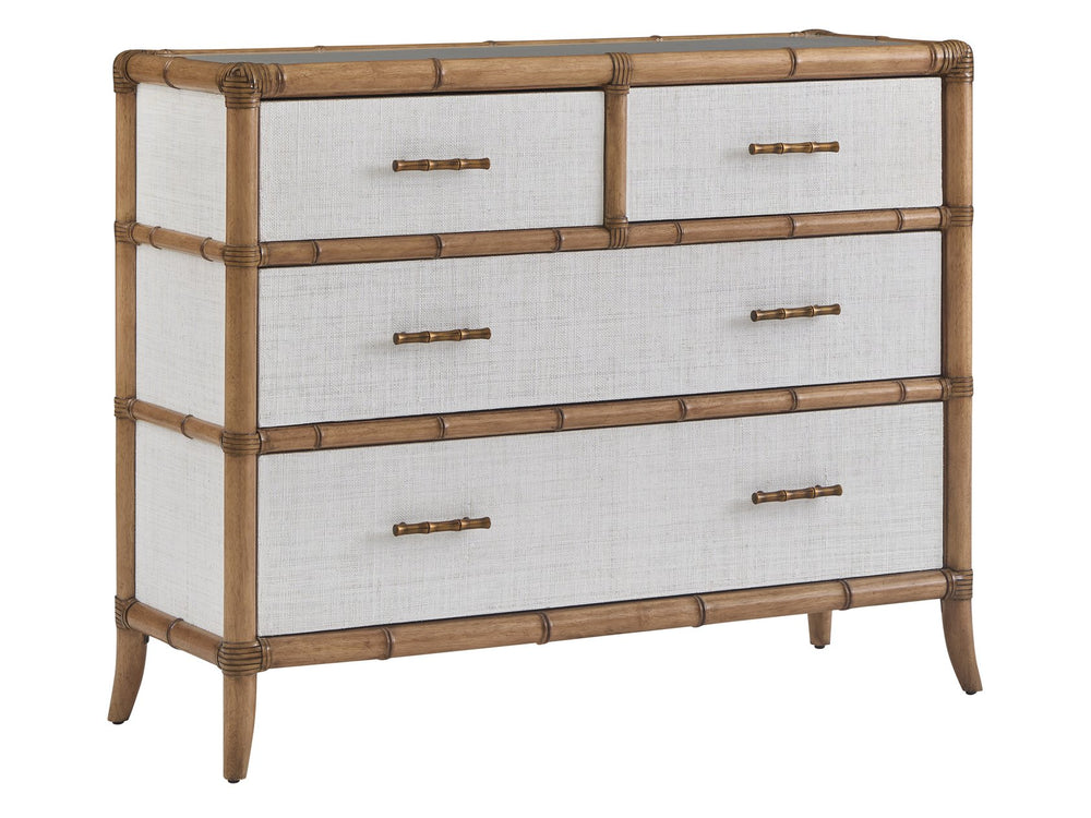 Lexington Tommy Bahama Home Hall Chest - Elegant Coastal-inspired Design With Woven Raffia, Soft-close Drawers & Glass Top Shell Key  580-973