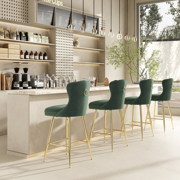 English Elm Bar Stools Set Of 2 - Elegant Green Velvet Wing-Back Chairs With Gold Metal Legs For Modern Dining T3623P363070