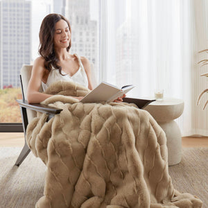 JLA Home Madison Park - Faux Faux Fur Throw Madison Park — Luxe basket-weave plush, Oeko‑Tex certified, machine washable comfort Tan MP50-8796