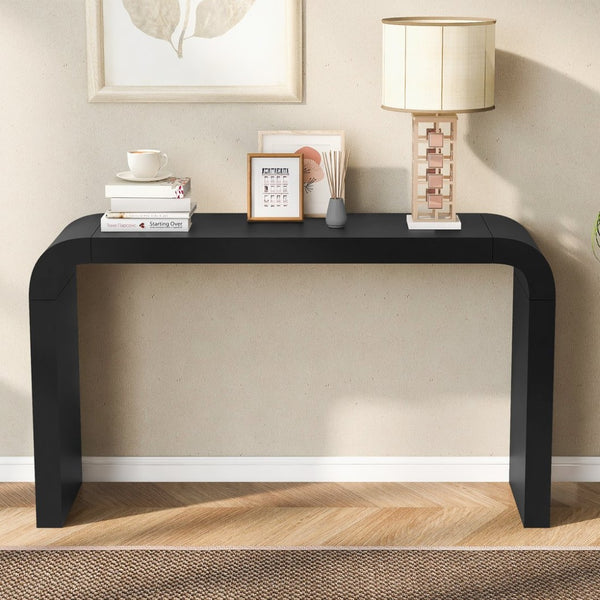 English Elm U_style Acacia Veneer Minimalist Console Table Slim Two Leg Frame for Entryway Halls Black N711P213374B