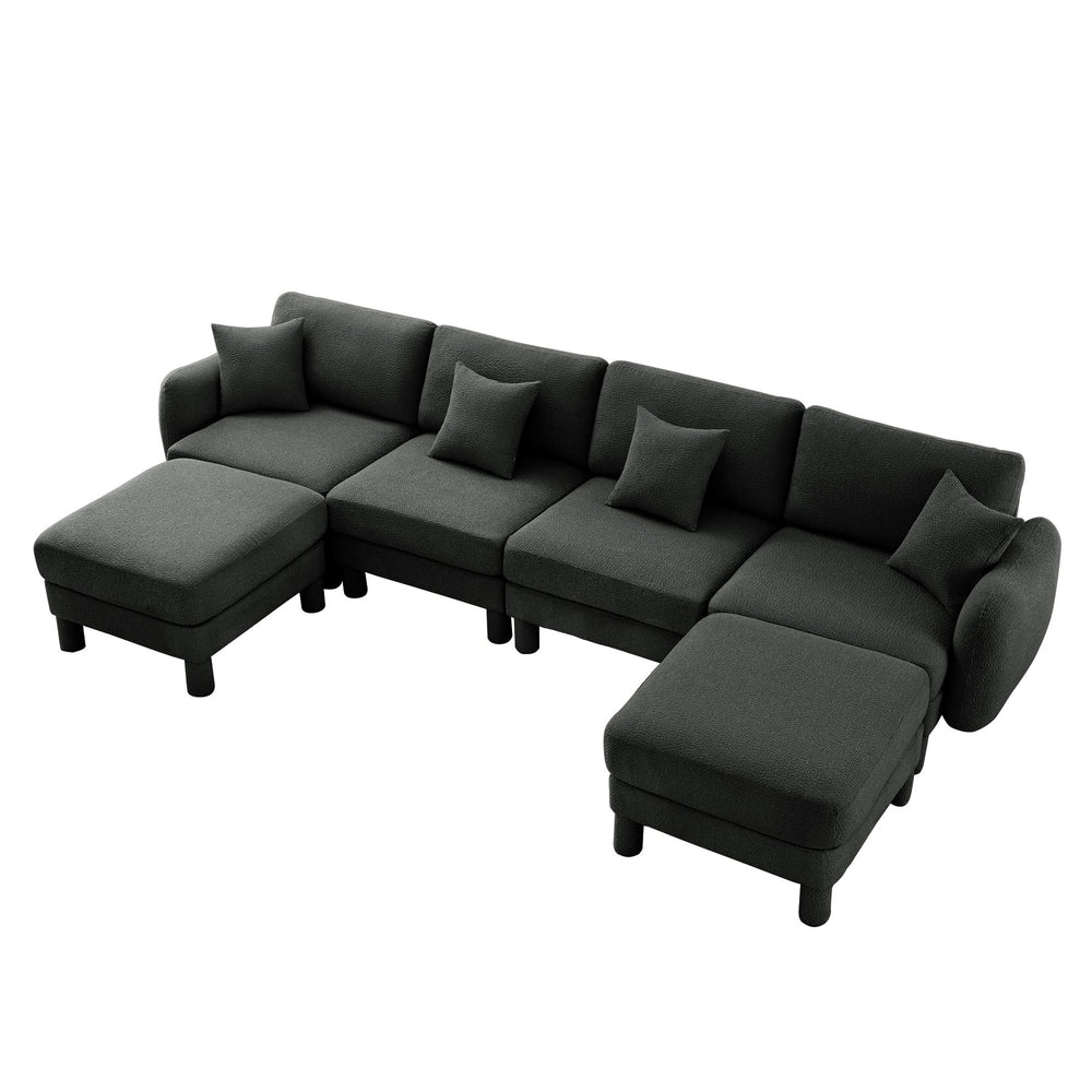 English Elm Boucle U-Shape 4-Seater Sectional Sofa With Shell Armrests & Movable Ottomans In Dark Grey Fabric W3041S00305