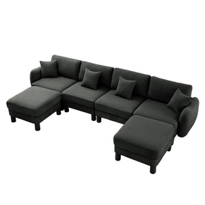English Elm Boucle U-Shape 4-Seater Sectional Sofa With Shell Armrests & Movable Ottomans In Dark Grey Fabric W3041S00305