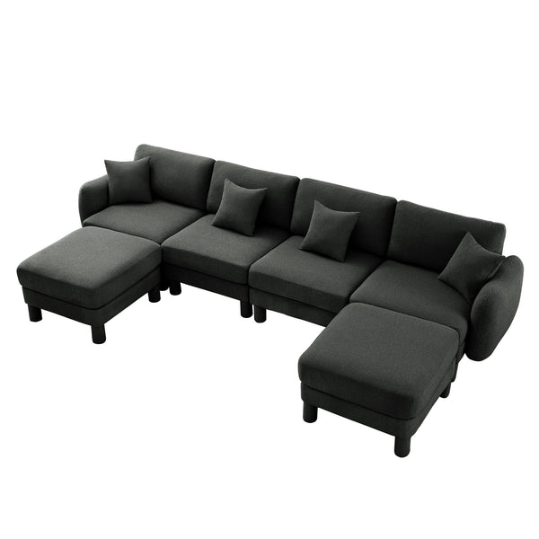English Elm Boucle U-Shape 4-Seater Sectional Sofa With Shell Armrests & Movable Ottomans In Dark Grey Fabric W3041S00305
