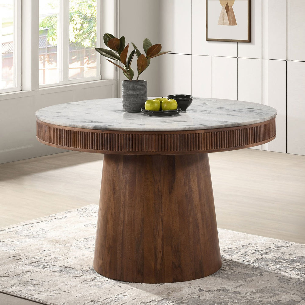 English Elm Feast 46" Round Marble Dining Table with Fluted Mango Wood Base — Elegant White Top, Natural Finish B062S00856