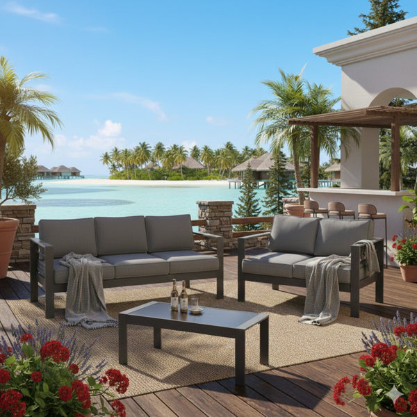 English Elm 3-piece Outdoor Aluminum Conversation Set with Deep Cushions and Wpc Coffee Table Dark Grey B082S00091
