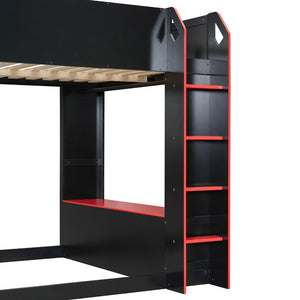 English Elm Full Size Loft Bed with Rgb Lighting Desk Drawers Hanging Rod Teen Bedroom Red LT000288AAJ-1