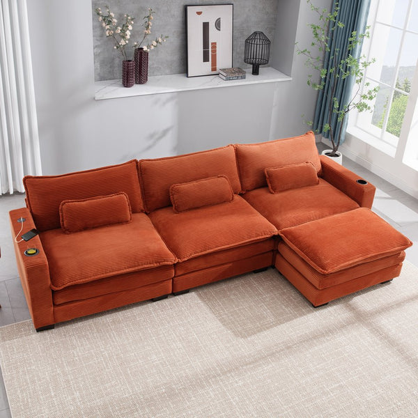 English Elm L Shape Sofa Couch With Usb Charging & Cup Holders – Stylish 3-Seater Corduroy Sectional & Ottoman W2100S00180