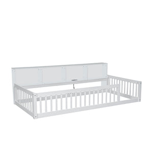 English Elm Wood Twin XL Floor Bed with Built-In Storage Cabinets, USB Charging Ports, Space-Saving Design White N709P205811K