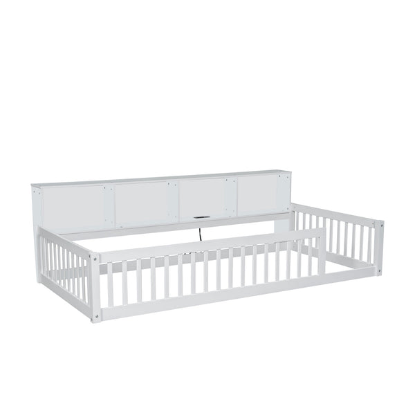 English Elm Wood Twin XL Floor Bed with Built-In Storage Cabinets, USB Charging Ports, Space-Saving Design White N709P205811K