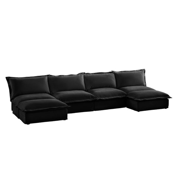 English Elm Slipcovered Chenille U-shape Sectional Deep Seat Cloud Couch with Reversible Ottoman W3041S00121
