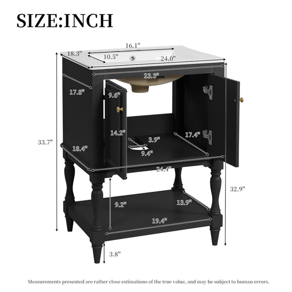 English Elm 24'' French Style Bathroom Vanity with Ceramic Sink Soft Close Cabinet and Drawer Black N710P411341B