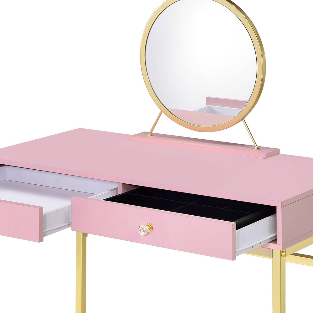 English Elm Coleen Pink & Gold Makeup Vanity Desk with Mirror, Crystal Handles, Jewelry Tray & 2 Drawers Decor B2726P315739