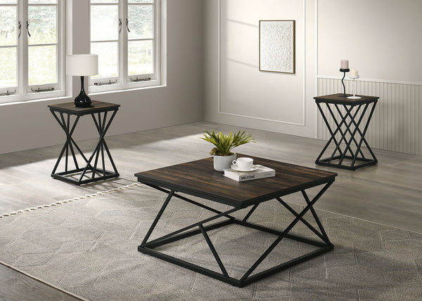 English Elm Rustic 3pc Table Set with Wrought Metal Abstract Side Panels Engineered Wood Tops Durable Charm Black,Dark Brown 38 L x 35 W x 5 H B2741P391810