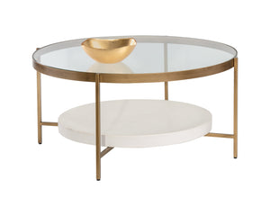 Sunpan Gia Coffee Table – Elegant Round Glass Top with White Concrete Shelf & Antique Brass Frame Design