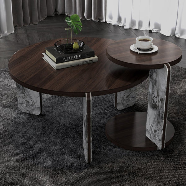English Elm Set of 2 Round Sintered Stone Nesting Tables Sleek Modern Accent for Living Rooms W2899P405895