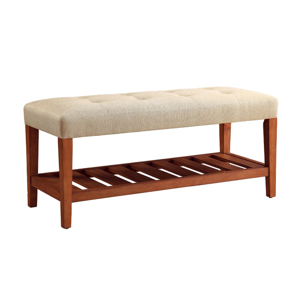 English Elm Fabric Upholstered Bench with Tufted Padded Seat, Open Lower Shelf, Tapered Wood Legs, 43"L Beige,Oak B016P311082