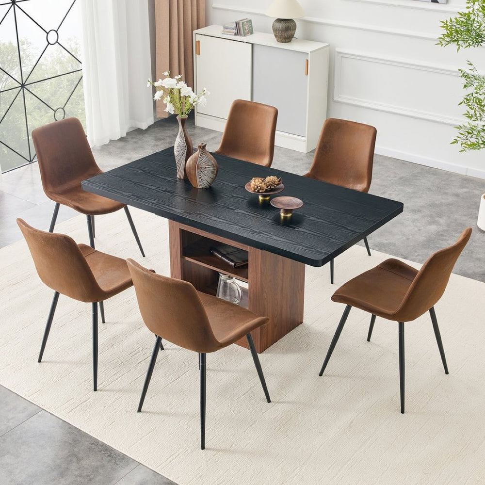 English Elm Expandable Dining Set Walnut Base Black Tabletop Six Brown Fabric Chairs Modern W1151S04697