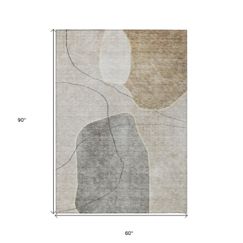 Homeroots 3' Beige Brown Taupe Abstract Washable Area Rug For Indoor Outdoor Spaces – Stylish & Durable Decor 5' X 8' Polyester 581013