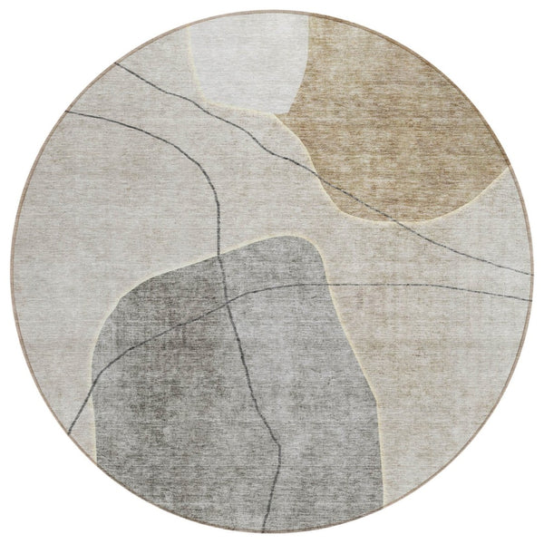 HomeRoots 5' Abstract Beige and Brown Indoor Outdoor Area Rug - Durable, Machine Washable, Stylish Decor Solution 8' Round 581014