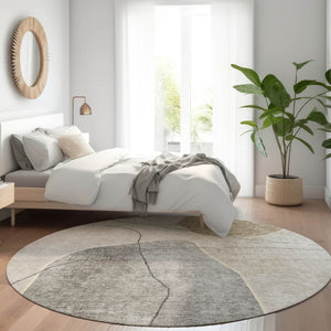 Homeroots 3' Beige Brown Taupe Abstract Washable Area Rug For Indoor Outdoor Spaces – Stylish & Durable Decor 8' Round Polyester 581014