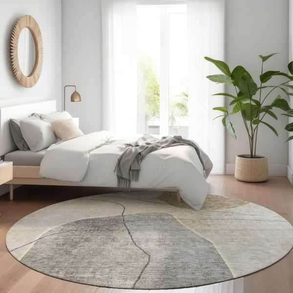 Homeroots 3' Beige Brown Taupe Abstract Washable Area Rug For Indoor Outdoor Spaces – Stylish & Durable Decor 8' Round Polyester 581014