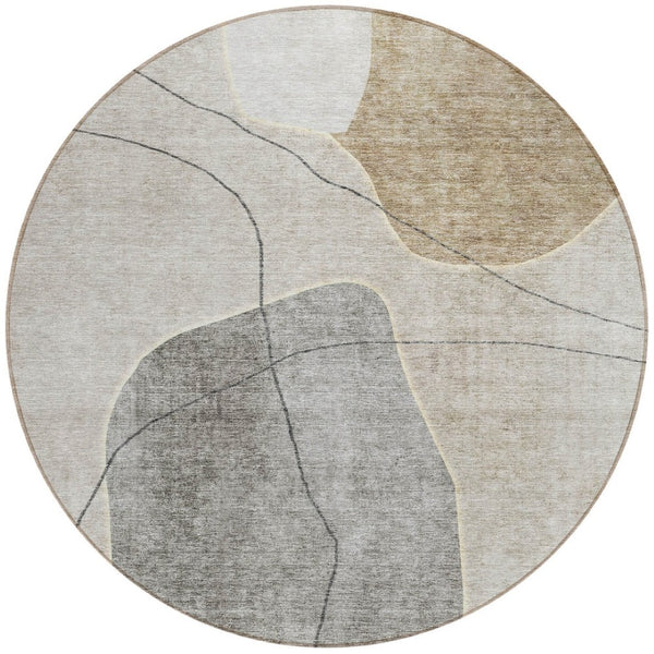 Homeroots 3' Beige Brown Taupe Abstract Washable Area Rug For Indoor Outdoor Spaces – Stylish & Durable Decor 8' Round Polyester 581014