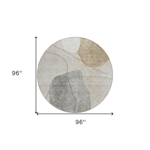 Homeroots 3' Beige Brown Taupe Abstract Washable Area Rug For Indoor Outdoor Spaces – Stylish & Durable Decor 8' Round Polyester 581014