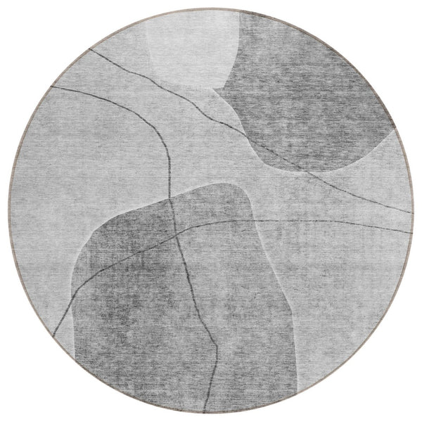 HomeRoots 5' Gray Charcoal and Silver Abstract Area Rug – Stylish, Washable, Durable for Indoor and Outdoor Use 8' Round 581026