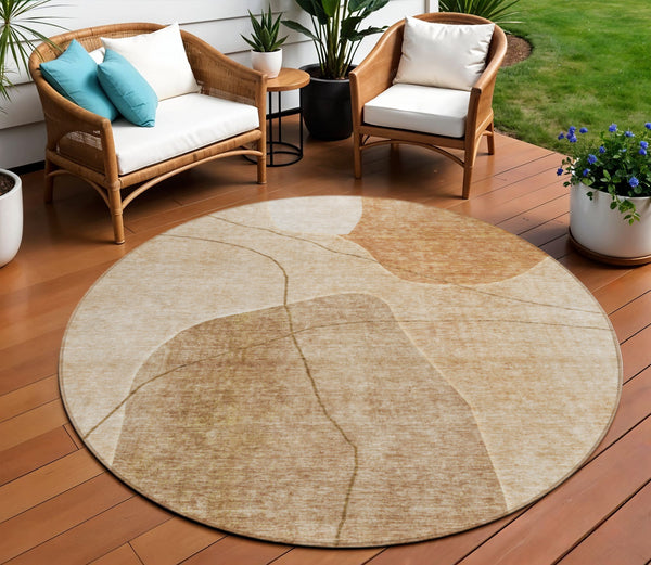 Homeroots 3' Beige Brown Taupe Abstract Washable Area Rug For Indoor Outdoor Spaces – Stylish & Durable Decor 8' Round Polyester 581032