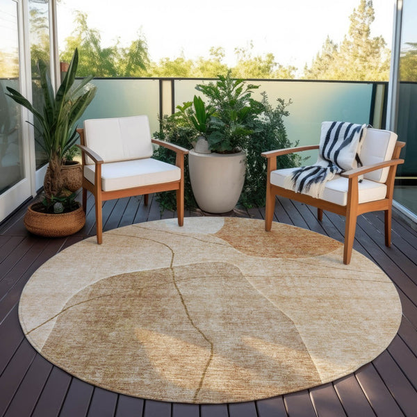 Homeroots 3' Beige Brown Taupe Abstract Washable Area Rug For Indoor Outdoor Spaces – Stylish & Durable Decor 8' Round Polyester 581032