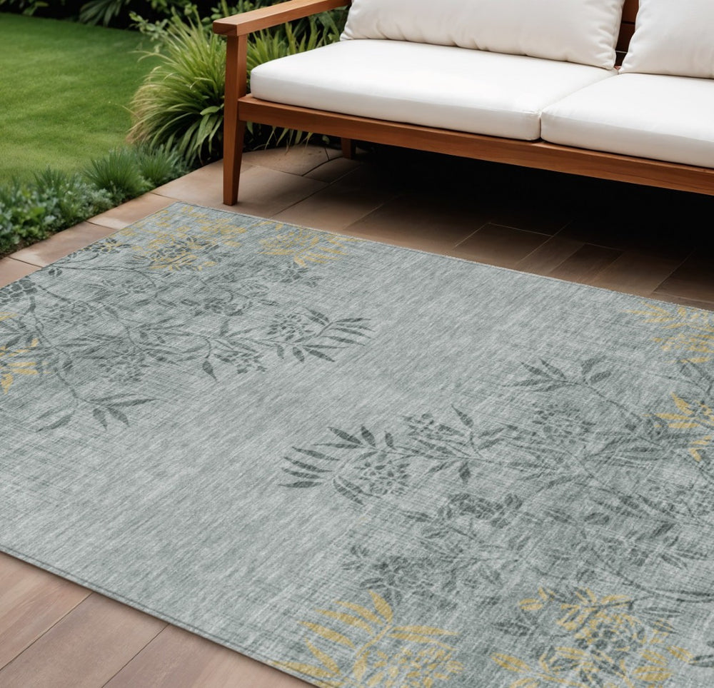 HomeRoots 9' Gray Charcoal and Gold Floral Area Rug – Durable, Washable Design for Indoor and Outdoor Spaces 9' X 12' 581081