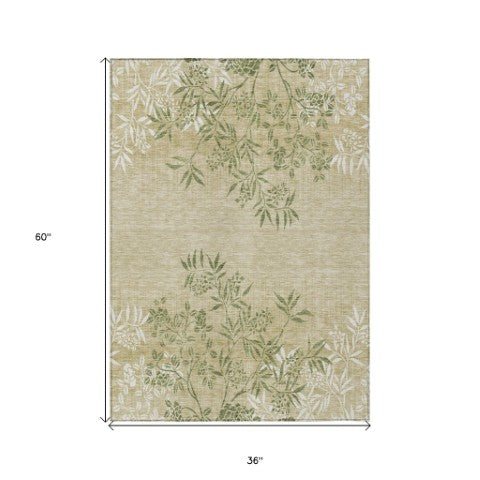 Homeroots 3' Beige Floral Area Rug - Stylish Washable Design For Indoor & Outdoor Spaces, Stain Resistant 3' X 5' Polyester 581083