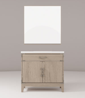 English Elm Grey Oak Single Sink Vanity Set With White Quartz Countertop & 34" Mirror - Modern Bathroom Elegance B2731S01463