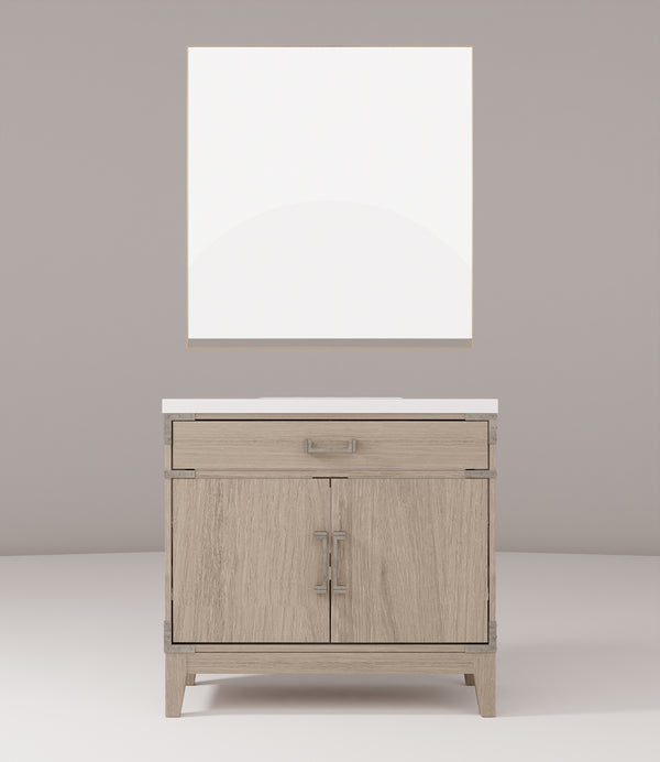 English Elm Grey Oak Single Sink Vanity Set With White Quartz Countertop & 34" Mirror - Modern Bathroom Elegance B2731S01463