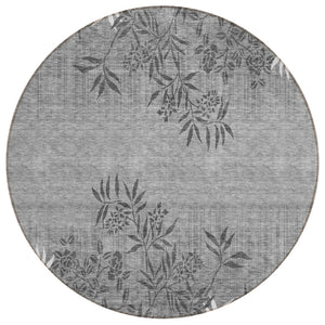 HomeRoots 5' Gray Charcoal and Ivory Floral Washable Area Rug for Indoor or Outdoor Spaces - Durable Style! 8' Round 581109