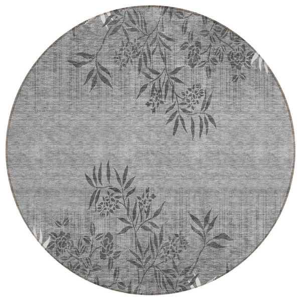HomeRoots 5' Gray Charcoal and Ivory Floral Washable Area Rug for Indoor or Outdoor Spaces - Durable Style! 8' Round 581109