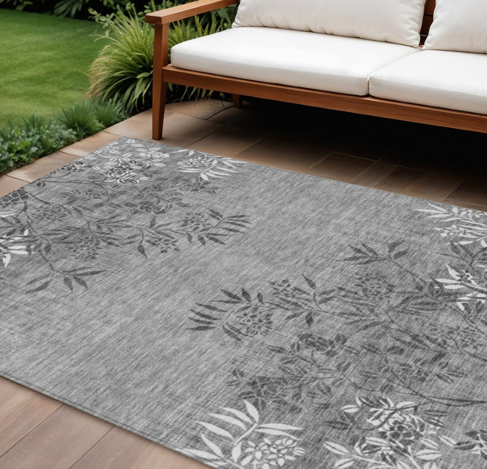 HomeRoots 9' Gray Charcoal and Ivory Floral Washable Area Rug - Durable, Stylish for Indoor and Outdoor Spaces 9' X 12' 581111