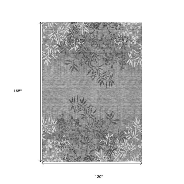 HomeRoots 5' Gray Charcoal and Ivory Floral Washable Area Rug for Indoor or Outdoor Spaces - Durable Style! 10' X 14' 581112