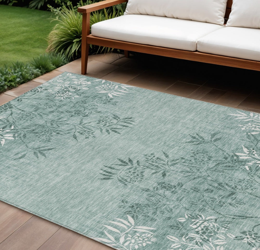HomeRoots 5' Timeless Sage Fern Green Floral Washable Area Rug for Indoor and Outdoor Durability and Style 8' X 10' 581116