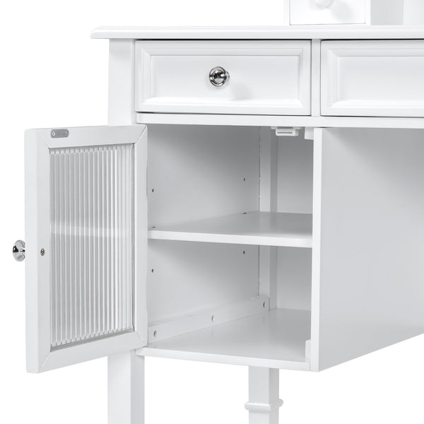 English Elm 44.4" Elegant Makeup Vanity Desk with Swivel Mirror, 5 Drawers, Cabinets & Padded Stool — White N844P292486A