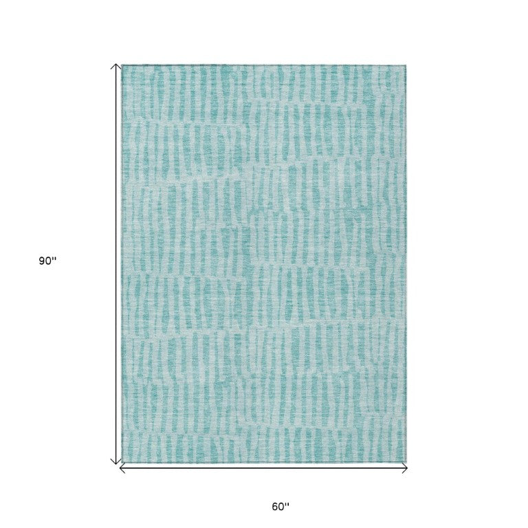 HomeRoots Striped Washable Polyester Indoor Outdoor Rug with Coastal Teal Aqua Design and Felt Backing 5' x 8' 581138