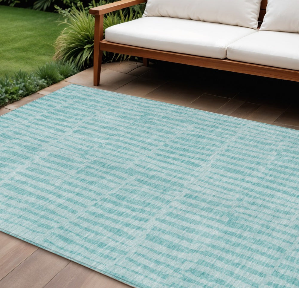 HomeRoots 9' Durable Teal Blue and Aqua Striped Indoor Outdoor Area Rug for Stylish Home and Patio Décor 9' X 12' 581141