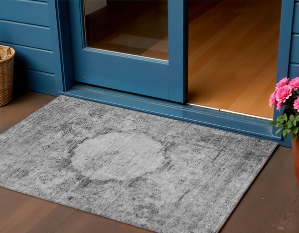 Homeroots 3' Gray Charcoal And Silver Oriental Washable Area Rug For Indoor Or Outdoor Spaces, Durable Design 3' X 5' Polyester 581143