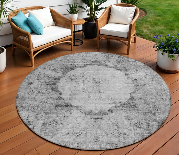 Homeroots 3' Gray Charcoal And Silver Oriental Washable Area Rug For Indoor Or Outdoor Spaces, Durable Design 8' Round Polyester 581145