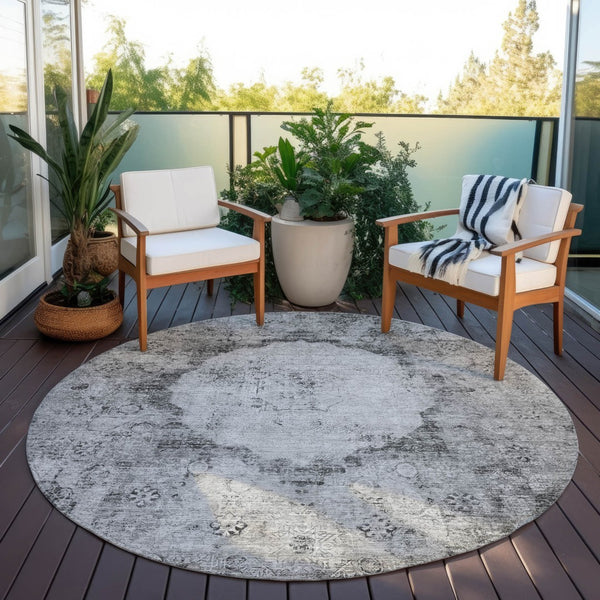 Homeroots 3' Gray Charcoal And Silver Oriental Washable Area Rug For Indoor Or Outdoor Spaces, Durable Design 8' Round Polyester 581145